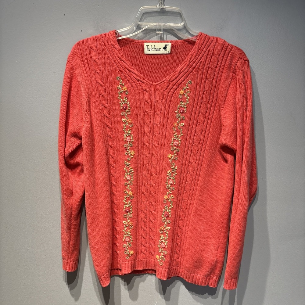 Tulchan Pink Knit Sweater Floral Embroidered Trim Cotton SzS Cottagecore
